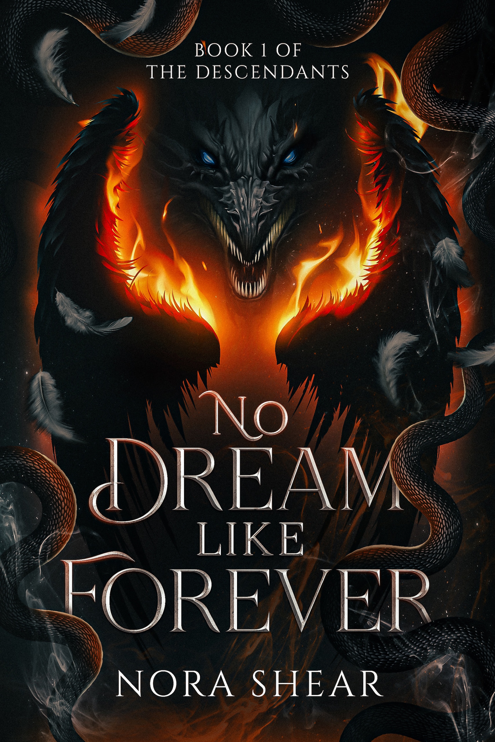 An image of the cover of No Dream Like Forever, by Nora Shear. This is Book 1 of The Descendants series. The cover shows a dark dragon's head with blue eyes over two black swan's wings that are burning. Along the edges of the cover are dark silver snakes, and seven dark silver feathers float in the foreground. The title is in metallic gray elegant lettering with flourishes.