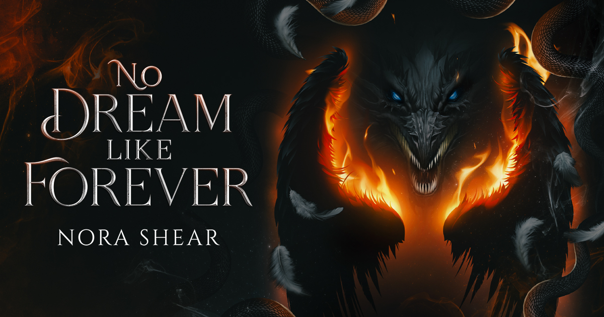 An image promoting the book No Dream Like Forever, by Nora Shear. The left side of the image has the title and author of the book in a beautiful metallic-looking serif font. The right side of the image shows a dark dragon's head with blue eyes over two black swan's wings that are burning. Along the edges of the image are dark silver snakes, and seven dark silver feathers float in the foreground.