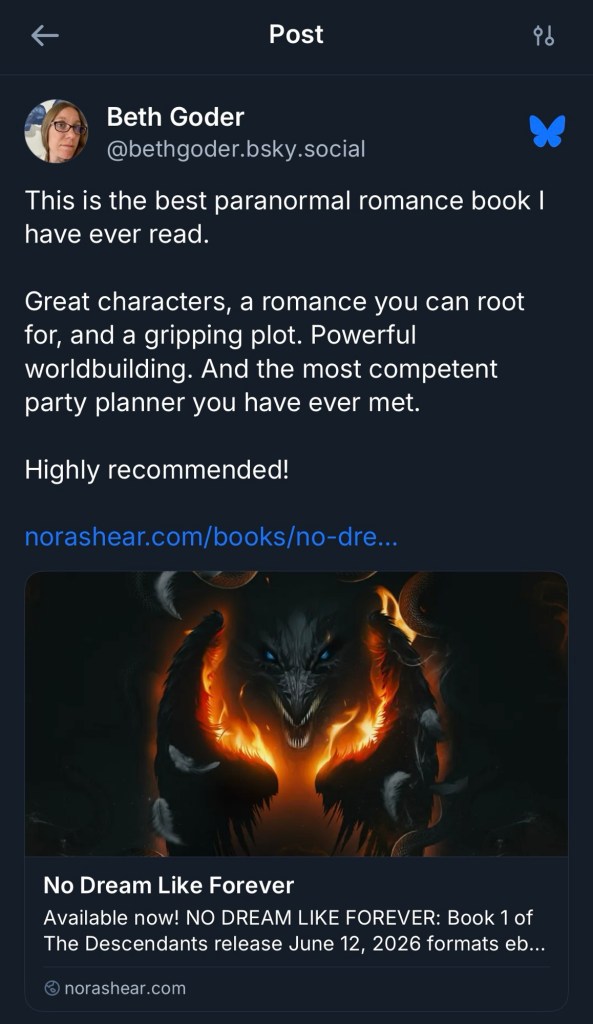 A screenshot from BlueSky. A post from bethgoder.bsky.social reads: “This is the best paranormal romance book I have ever read. Great characters, a romance you can root for, and a gripping plot. Powerful worldbuilding. And the most competent party planner you have ever met. Highly recommended!”.