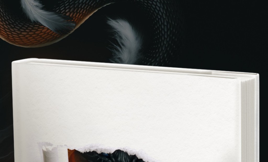 An artist's rendition of the top of a book wrapped in white, with a small tear at the bottom